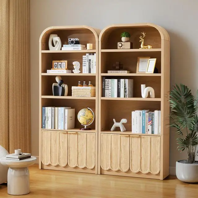 Alt view image 5 of 6 - 70" Tall Arched Bookshelf with Storage Cabinet, Modern 4-Tier Wood Bookcase with Scalloped Doors & Gold Handles, Open Display Shelves for Living Room, Bedroom, or Home Study Office (Natural)