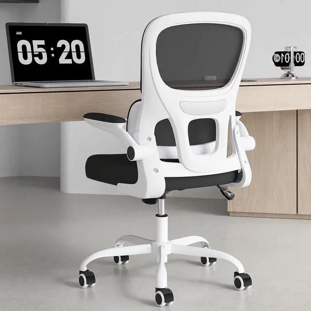 Main image of Office Chair, Mesh Ergonomic Office Chair with Lumbar Support, Comfy Swivel Computer Desk Chair with Flip Armrest Rolling Wheels for Home Study Room Office, White & Black