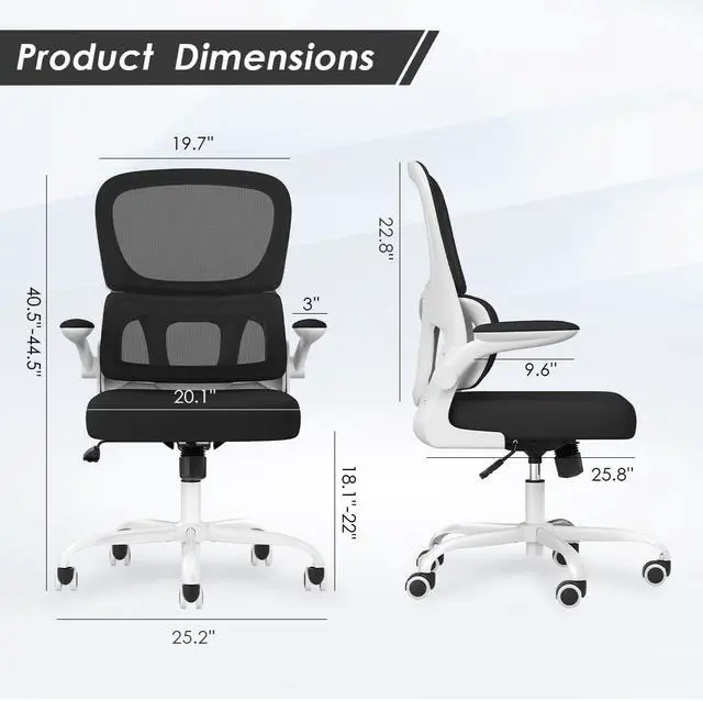Alt view image 2 of 6 - Office Chair, Mesh Ergonomic Office Chair with Lumbar Support, Comfy Swivel Computer Desk Chair with Flip Armrest Rolling Wheels for Home Study Room Office, White & Black