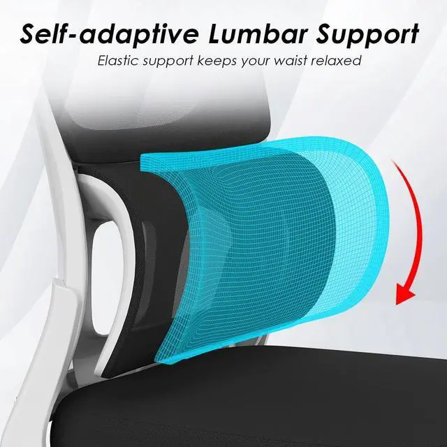 Alt view image 3 of 6 - Office Chair, Mesh Ergonomic Office Chair with Lumbar Support, Comfy Swivel Computer Desk Chair with Flip Armrest Rolling Wheels for Home Study Room Office, White & Black