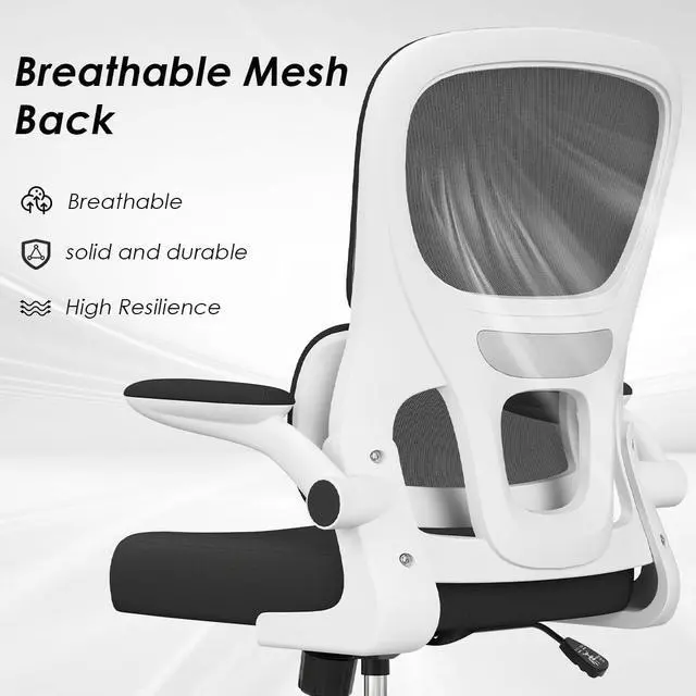 Alt view image 4 of 6 - Office Chair, Mesh Ergonomic Office Chair with Lumbar Support, Comfy Swivel Computer Desk Chair with Flip Armrest Rolling Wheels for Home Study Room Office, White & Black