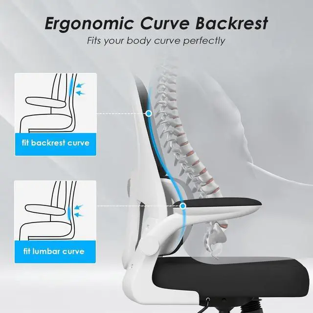 Alt view image 5 of 6 - Office Chair, Mesh Ergonomic Office Chair with Lumbar Support, Comfy Swivel Computer Desk Chair with Flip Armrest Rolling Wheels for Home Study Room Office, White & Black