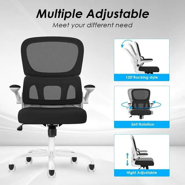 Alt view image 6 of 6 - Office Chair, Mesh Ergonomic Office Chair with Lumbar Support, Comfy Swivel Computer Desk Chair with Flip Armrest Rolling Wheels for Home Study Room Office, White & Black
