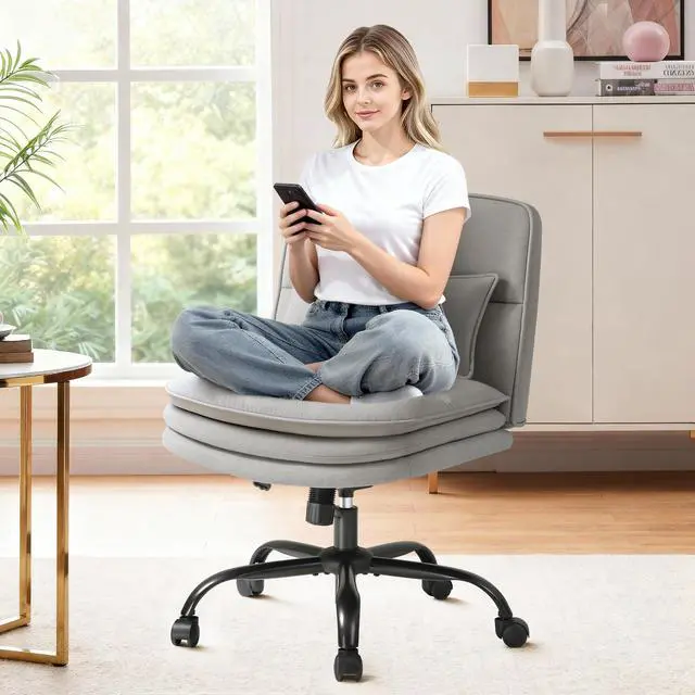 Main image of Criss Cross Legged Office Chair with Wheels, Armless Extra Wide Seat Swivel Desk Chair, Adjustable Height Comfy Task Chair with Thick Cushion for Home Office Bedroom Vanity (Fabric, Grey)