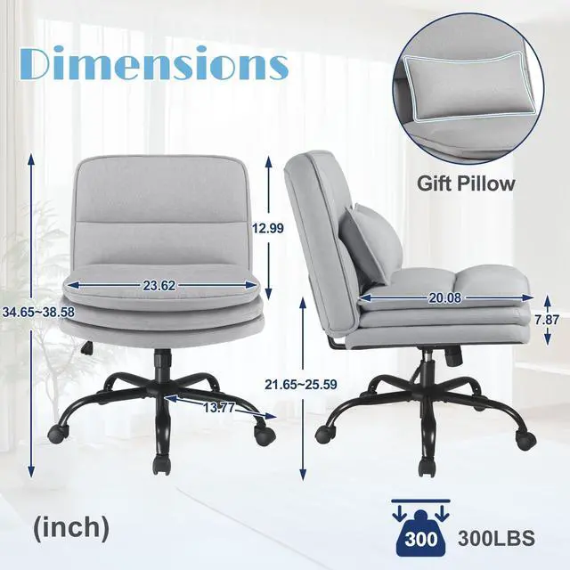 Alt view image 2 of 5 - Criss Cross Legged Office Chair with Wheels, Armless Extra Wide Seat Swivel Desk Chair, Adjustable Height Comfy Task Chair with Thick Cushion for Home Office Bedroom Vanity (Fabric, Grey)