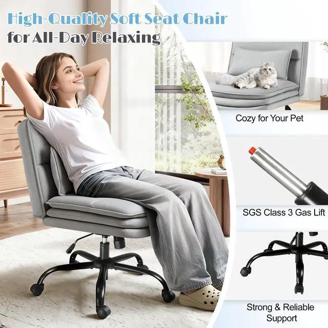 Alt view image 3 of 5 - Criss Cross Legged Office Chair with Wheels, Armless Extra Wide Seat Swivel Desk Chair, Adjustable Height Comfy Task Chair with Thick Cushion for Home Office Bedroom Vanity (Fabric, Grey)
