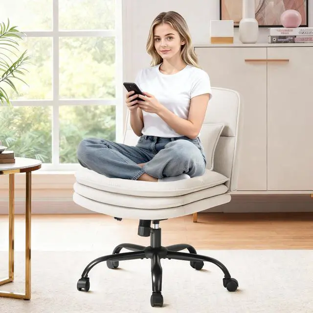 Main image of Criss Cross Legged Office Chair with Wheels, Armless Extra Wide Seat Swivel Desk Chair, Adjustable Height Comfy Task Chair with Thick Cushion for Home Office Bedroom Vanity (Fabric, Beige)