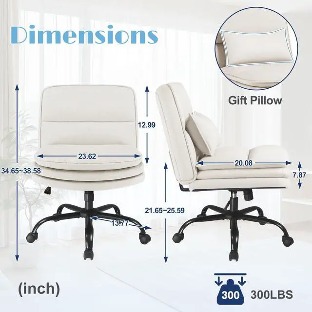 Alt view image 2 of 6 - Criss Cross Legged Office Chair with Wheels, Armless Extra Wide Seat Swivel Desk Chair, Adjustable Height Comfy Task Chair with Thick Cushion for Home Office Bedroom Vanity (Fabric, Beige)