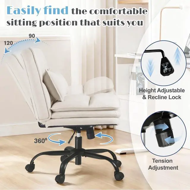 Alt view image 3 of 6 - Criss Cross Legged Office Chair with Wheels, Armless Extra Wide Seat Swivel Desk Chair, Adjustable Height Comfy Task Chair with Thick Cushion for Home Office Bedroom Vanity (Fabric, Beige)