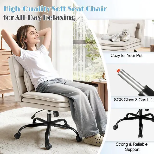 Alt view image 4 of 6 - Criss Cross Legged Office Chair with Wheels, Armless Extra Wide Seat Swivel Desk Chair, Adjustable Height Comfy Task Chair with Thick Cushion for Home Office Bedroom Vanity (Fabric, Beige)