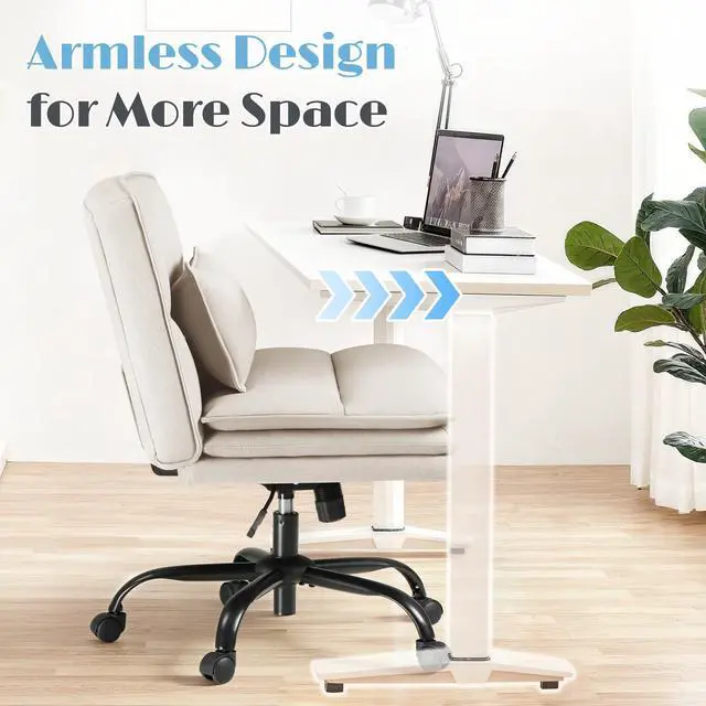 Alt view image 6 of 6 - Criss Cross Legged Office Chair with Wheels, Armless Extra Wide Seat Swivel Desk Chair, Adjustable Height Comfy Task Chair with Thick Cushion for Home Office Bedroom Vanity (Fabric, Beige)