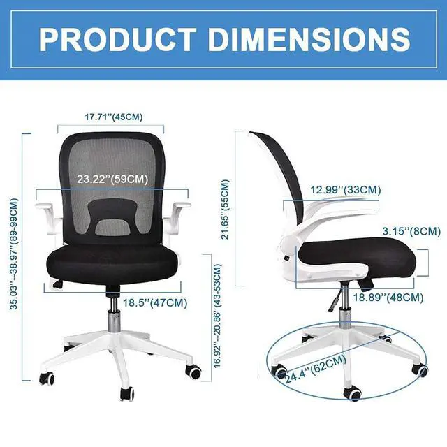 Alt view image 2 of 6 - Foldable Office Chair - Home Office Desk Chairs with Wheels and Flip-Up Arms - Ergonomic Backrest Mesh Computer Chair Adjustable Swivel Rolling Home Executive (White)