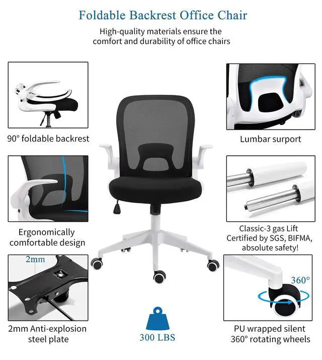 Alt view image 3 of 6 - Foldable Office Chair - Home Office Desk Chairs with Wheels and Flip-Up Arms - Ergonomic Backrest Mesh Computer Chair Adjustable Swivel Rolling Home Executive (White)