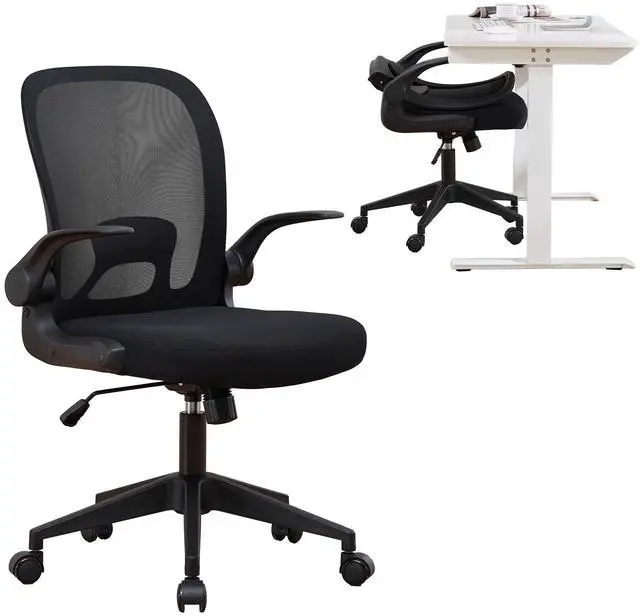 Main image of Foldable Office Chair for Small Spaces | Home Office Folding Desk Chairs with Wheels and Flip Up Arms | Ergonomic Mesh Computer Chair for Adults & Kids Black