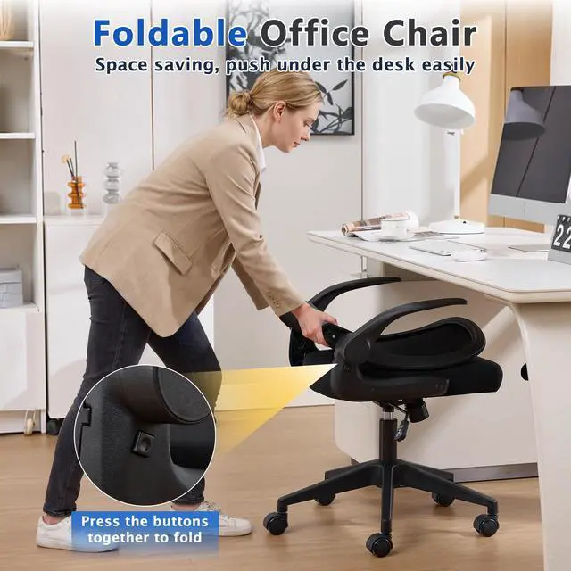 Alt view image 3 of 6 - Foldable Office Chair for Small Spaces | Home Office Folding Desk Chairs with Wheels and Flip Up Arms | Ergonomic Mesh Computer Chair for Adults & Kids Black