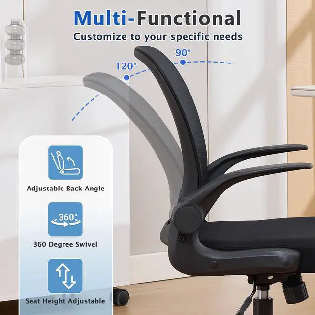 Alt view image 6 of 6 - Foldable Office Chair for Small Spaces | Home Office Folding Desk Chairs with Wheels and Flip Up Arms | Ergonomic Mesh Computer Chair for Adults & Kids Black