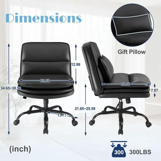 Alt view image 2 of 6 - Criss Cross Legged Office Chair with Wheels, Armless Extra Wide Seat Swivel Desk Chair, Adjustable Height Comfy Task Chair with Thick Cushion for Home Office Bedroom Vanity (PU Leather, Black)