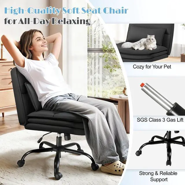 Alt view image 3 of 6 - Criss Cross Legged Office Chair with Wheels, Armless Extra Wide Seat Swivel Desk Chair, Adjustable Height Comfy Task Chair with Thick Cushion for Home Office Bedroom Vanity (PU Leather, Black)
