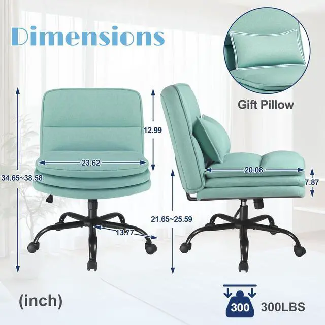 Alt view image 2 of 6 - Criss Cross Legged Office Chair with Wheels, Armless Extra Wide Seat Swivel Desk Chair, Adjustable Height Comfy Task Chair with Thick Cushion for Home Office Bedroom Vanity (Fabric, Green)