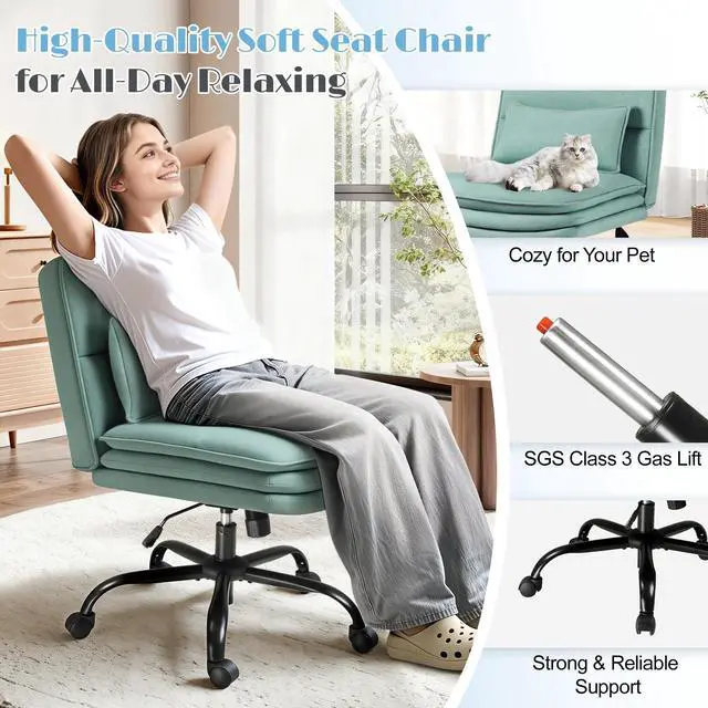 Alt view image 3 of 6 - Criss Cross Legged Office Chair with Wheels, Armless Extra Wide Seat Swivel Desk Chair, Adjustable Height Comfy Task Chair with Thick Cushion for Home Office Bedroom Vanity (Fabric, Green)