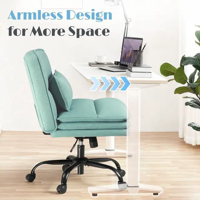 Alt view image 4 of 6 - Criss Cross Legged Office Chair with Wheels, Armless Extra Wide Seat Swivel Desk Chair, Adjustable Height Comfy Task Chair with Thick Cushion for Home Office Bedroom Vanity (Fabric, Green)