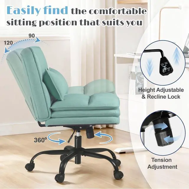 Alt view image 6 of 6 - Criss Cross Legged Office Chair with Wheels, Armless Extra Wide Seat Swivel Desk Chair, Adjustable Height Comfy Task Chair with Thick Cushion for Home Office Bedroom Vanity (Fabric, Green)