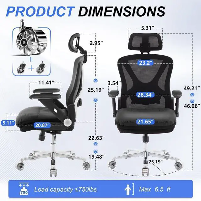 Alt view image 2 of 6 - 750lbs Ergonomic Office Chair,Upgrade Big and Tall Office Chairs for Heavy People,Mesh High Back Desk Chair with 5D Flip Arms Large Wheels,Adjustable Headrest & Lumbar Support,Wide Chairs