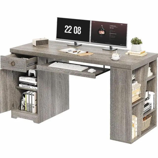 Main image of 55" Office Computer Desk with Drawers, Farmhouse Grey Executive Desk with Storage Shelves and Cabinet, Modern Wooden Computer Table Teacher Desks with Keyboard Tray for Home Writing Work Study