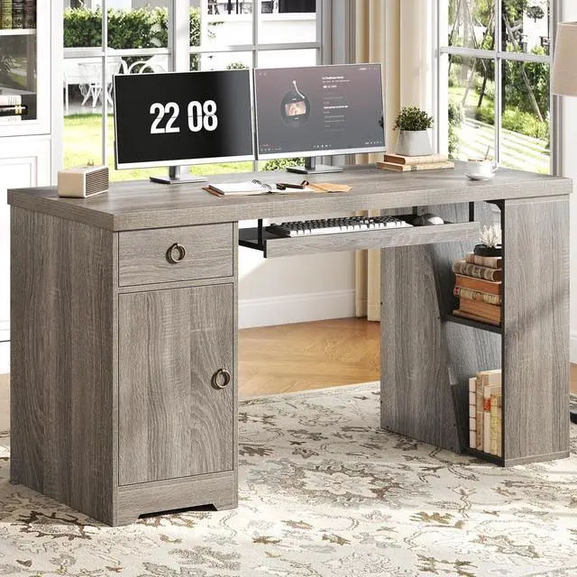 Alt view image 2 of 6 - 55" Office Computer Desk with Drawers, Farmhouse Grey Executive Desk with Storage Shelves and Cabinet, Modern Wooden Computer Table Teacher Desks with Keyboard Tray for Home Writing Work Study