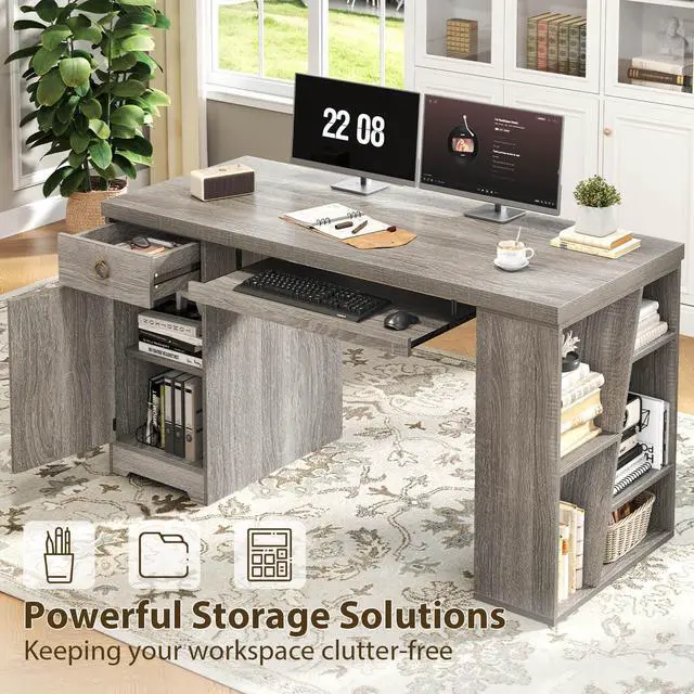 Alt view image 4 of 6 - 55" Office Computer Desk with Drawers, Farmhouse Grey Executive Desk with Storage Shelves and Cabinet, Modern Wooden Computer Table Teacher Desks with Keyboard Tray for Home Writing Work Study