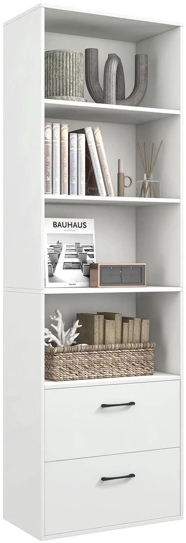 Main image of 4 Shelf Bookcase with 2 Drawers, 74 Inch 4 Tiers Tall Open Bookshelf with 2 Slide-Out Drawers, Anti-toppling Device, Freestanding Wood Storage Shelf for Home Office (White, 74" H)