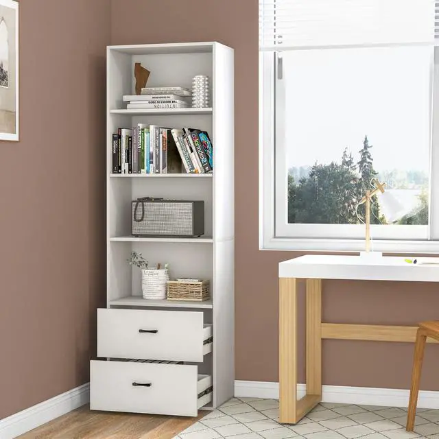 Alt view image 2 of 6 - 4 Shelf Bookcase with 2 Drawers, 74 Inch 4 Tiers Tall Open Bookshelf with 2 Slide-Out Drawers, Anti-toppling Device, Freestanding Wood Storage Shelf for Home Office (White, 74" H)