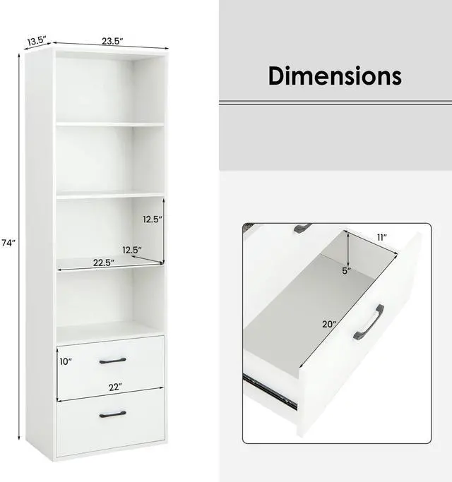 Alt view image 3 of 6 - 4 Shelf Bookcase with 2 Drawers, 74 Inch 4 Tiers Tall Open Bookshelf with 2 Slide-Out Drawers, Anti-toppling Device, Freestanding Wood Storage Shelf for Home Office (White, 74" H)