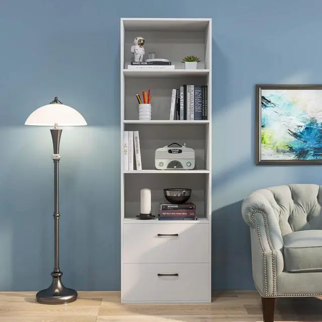 Alt view image 4 of 6 - 4 Shelf Bookcase with 2 Drawers, 74 Inch 4 Tiers Tall Open Bookshelf with 2 Slide-Out Drawers, Anti-toppling Device, Freestanding Wood Storage Shelf for Home Office (White, 74" H)