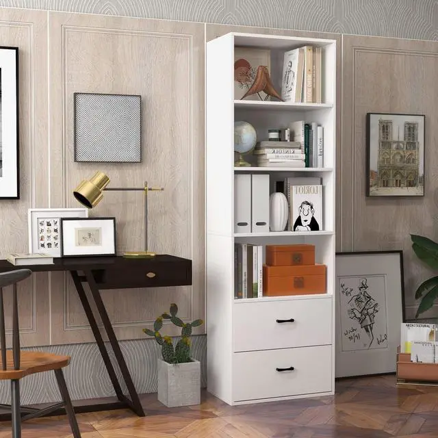 Alt view image 5 of 6 - 4 Shelf Bookcase with 2 Drawers, 74 Inch 4 Tiers Tall Open Bookshelf with 2 Slide-Out Drawers, Anti-toppling Device, Freestanding Wood Storage Shelf for Home Office (White, 74" H)