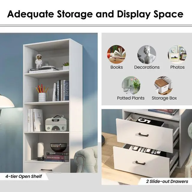 Alt view image 6 of 6 - 4 Shelf Bookcase with 2 Drawers, 74 Inch 4 Tiers Tall Open Bookshelf with 2 Slide-Out Drawers, Anti-toppling Device, Freestanding Wood Storage Shelf for Home Office (White, 74" H)