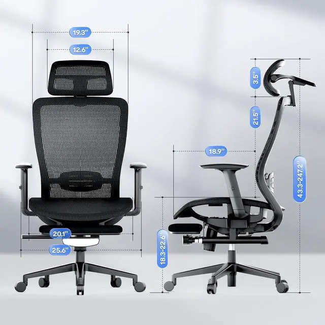 Alt view image 3 of 6 - OC3 Air Ergonomic Office Chair with Footrest, Mesh Back Computer Chair, Home Office Desk Chairs, with Adjustable Lumbar Support/3D Headrest/Reliable Base, Mesh Seat Cushion, Black, Air-F