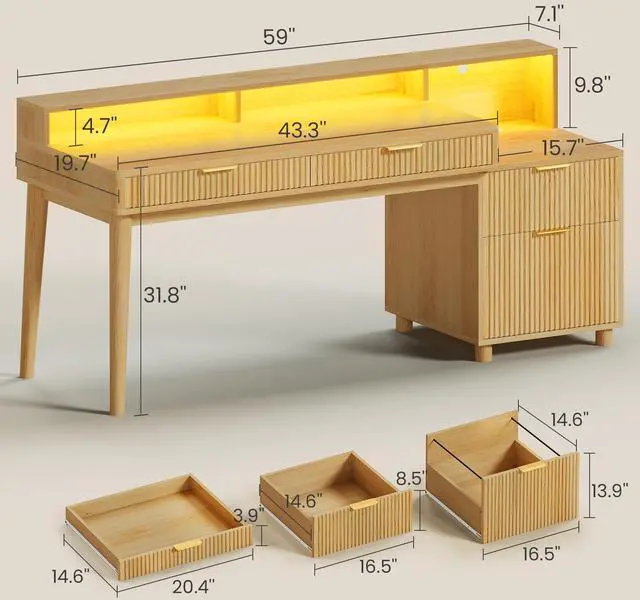 Alt view image 2 of 6 - 59" Computer Desk with 4 Storage Drawers, Fluted Wood Office Desk with File Drawer, LED Lights and Power Strip, Gaming Table Writing Desk for Home Office, Living Room, Bedroom, Oak