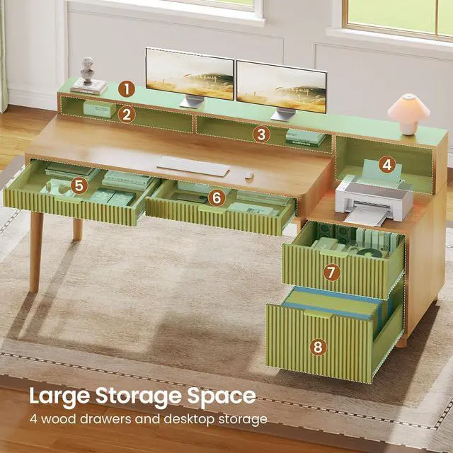 Alt view image 4 of 6 - 59" Computer Desk with 4 Storage Drawers, Fluted Wood Office Desk with File Drawer, LED Lights and Power Strip, Gaming Table Writing Desk for Home Office, Living Room, Bedroom, Oak