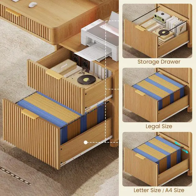 Alt view image 5 of 6 - 59" Computer Desk with 4 Storage Drawers, Fluted Wood Office Desk with File Drawer, LED Lights and Power Strip, Gaming Table Writing Desk for Home Office, Living Room, Bedroom, Oak