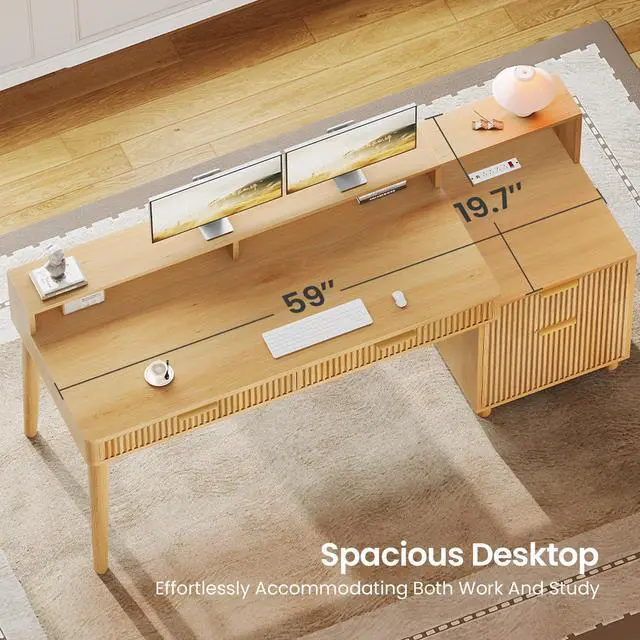 Alt view image 6 of 6 - 59" Computer Desk with 4 Storage Drawers, Fluted Wood Office Desk with File Drawer, LED Lights and Power Strip, Gaming Table Writing Desk for Home Office, Living Room, Bedroom, Oak