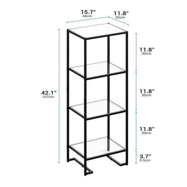 Alt view image 2 of 6 - 4-Tier Glass Bookshelf, Tempered Glass Display Shelf, Modern Open Shelf Bookshelf, Slim Shelving Unit Bookcase for Living Room, Home Office, Bedroom, Black