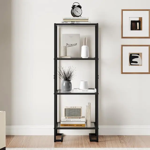 Alt view image 3 of 6 - 4-Tier Glass Bookshelf, Tempered Glass Display Shelf, Modern Open Shelf Bookshelf, Slim Shelving Unit Bookcase for Living Room, Home Office, Bedroom, Black