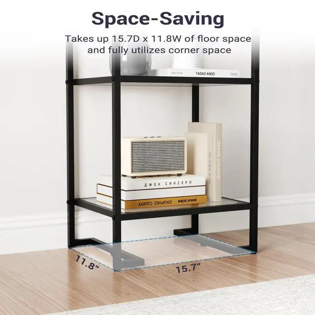 Alt view image 4 of 6 - 4-Tier Glass Bookshelf, Tempered Glass Display Shelf, Modern Open Shelf Bookshelf, Slim Shelving Unit Bookcase for Living Room, Home Office, Bedroom, Black
