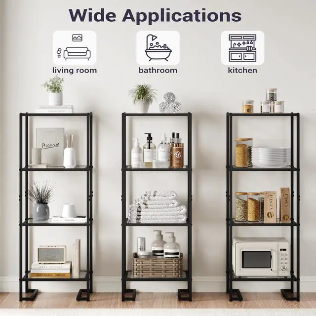 Alt view image 5 of 6 - 4-Tier Glass Bookshelf, Tempered Glass Display Shelf, Modern Open Shelf Bookshelf, Slim Shelving Unit Bookcase for Living Room, Home Office, Bedroom, Black