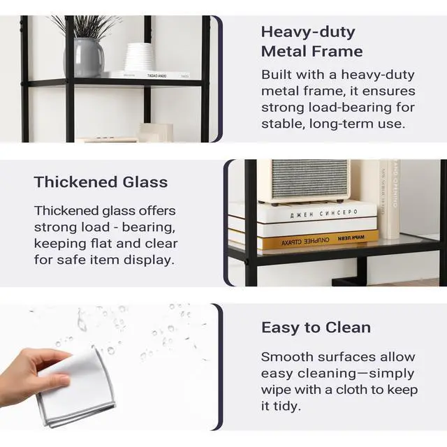 Alt view image 6 of 6 - 4-Tier Glass Bookshelf, Tempered Glass Display Shelf, Modern Open Shelf Bookshelf, Slim Shelving Unit Bookcase for Living Room, Home Office, Bedroom, Black