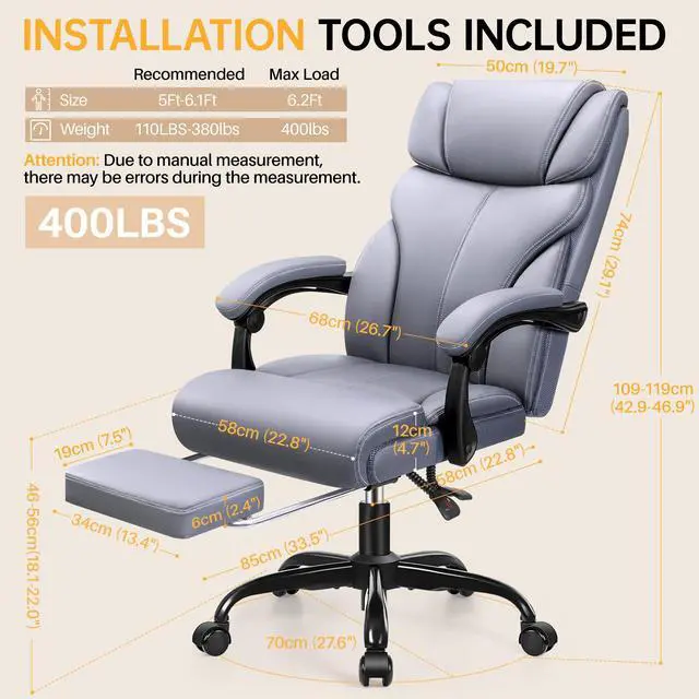 Alt view image 2 of 6 - Big and Tall Office Chair with Foot Rest, 400lbs Ergonomic Reclining High Back Executive Leather Chair, Lumbar Support Swivel Computer Desk Chairs for Heavy People Home Office Gaming(Gray)