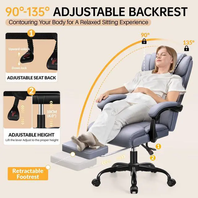 Alt view image 3 of 6 - Big and Tall Office Chair with Foot Rest, 400lbs Ergonomic Reclining High Back Executive Leather Chair, Lumbar Support Swivel Computer Desk Chairs for Heavy People Home Office Gaming(Gray)