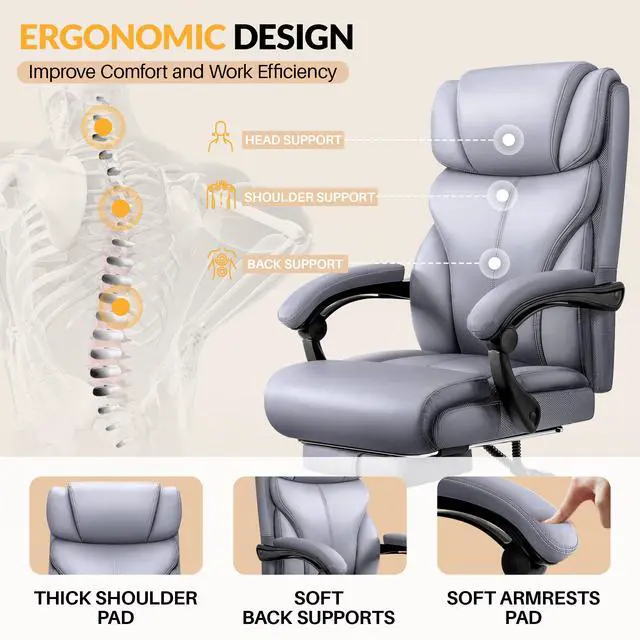 Alt view image 4 of 6 - Big and Tall Office Chair with Foot Rest, 400lbs Ergonomic Reclining High Back Executive Leather Chair, Lumbar Support Swivel Computer Desk Chairs for Heavy People Home Office Gaming(Gray)