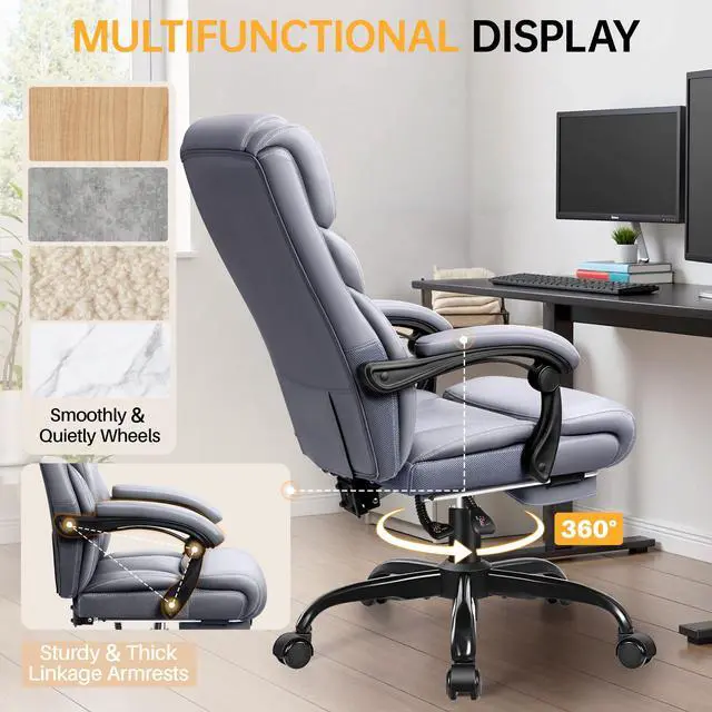 Alt view image 6 of 6 - Big and Tall Office Chair with Foot Rest, 400lbs Ergonomic Reclining High Back Executive Leather Chair, Lumbar Support Swivel Computer Desk Chairs for Heavy People Home Office Gaming(Gray)